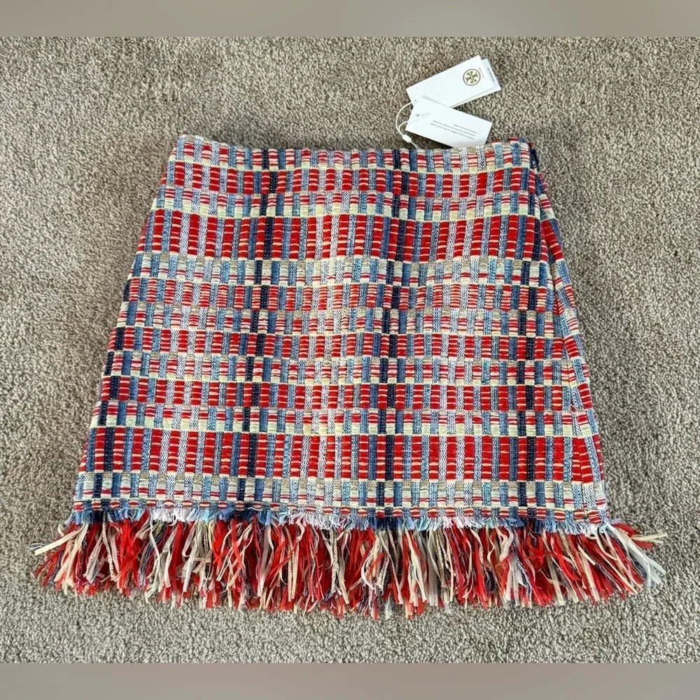 Tory Burch Tara Skirt Indigo Lurex Tweed Fringe Sz 2 Rare Runway 2016 Collection